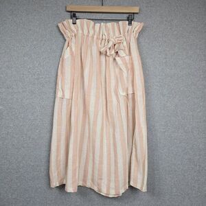 WHY Peach Cream Striped Paperbag Waist Linen Blend Midi Skirt with Pockets NEW